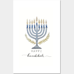 Watercolor Happy Hanukkah Menorah Posters and Art